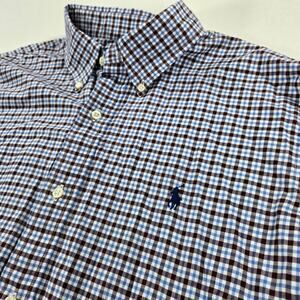 Ralph Lauren Classic Fit Blue Brown Plaid Long Sleeve Button Up Shirt Size XL
